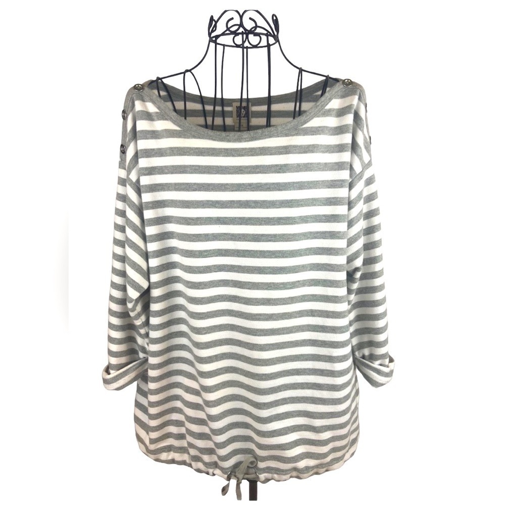 Anne Klein Gray & White Striped Top Button Shoulders Drawstring Hem Size 1X